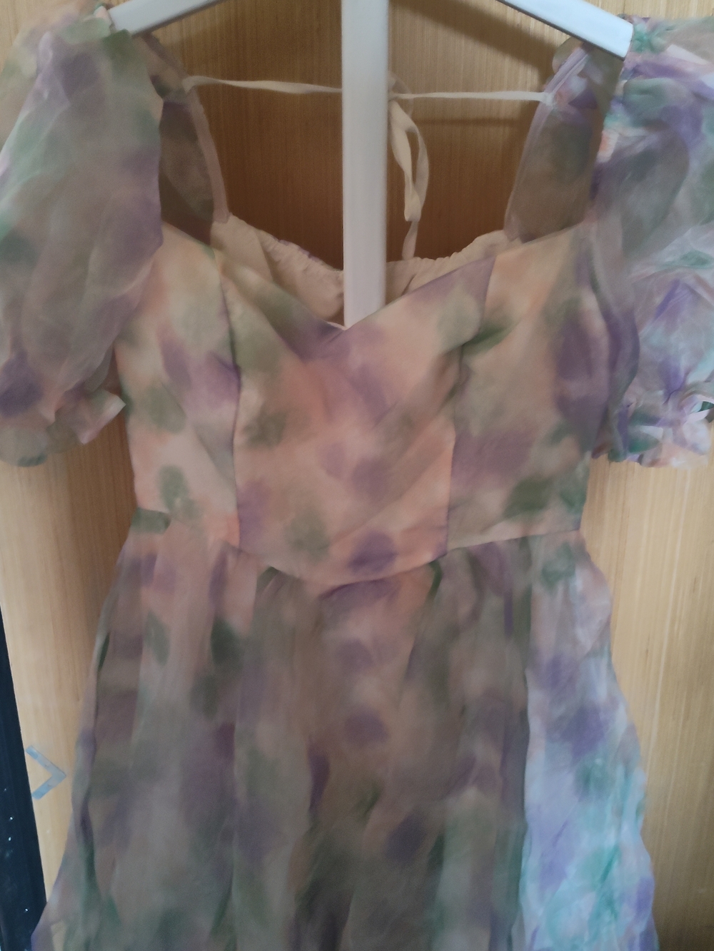 SHEIN Purple & Green Watercolor Puff Sleeve Dress